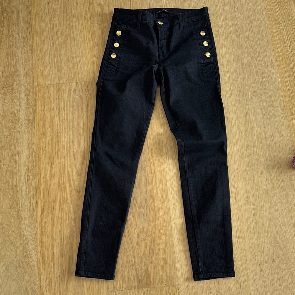 J Brand Black and Gold High Rise Jeans with Nautical Accents